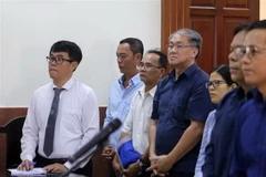 Bị cáo Phạm Công Danh (áo xanh đứng giữa) tại phiên tòa ngày 12/12/2018. (Ảnh: Thành Chung/TTXVN)