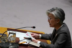 Ngoại trưởng Hàn Quốc Kang Kyung-wha phát biểu tại cuộc họp của Hội đồng Bảo an ở New York, Mỹ ngày 27/9/2018. (Ảnh: AFP/TTXVN)