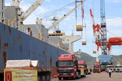 Tàu Nemea tiếp nhận lô hàng của Tập đoàn Hoa Sen xuất sang châu Âu. (Ảnh: Phạm Kha/TTXVN)