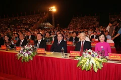 Tổng Bí thư Nguyễn Phú Trọng và các nguyên lãnh đạo Đảng, Nhà nước dự buổi lễ. (Ảnh: Trí Dũng/TTXVN)