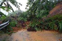 Mưa lớn làm sạt lở taluy dương tại Km29+380 (ở bản Tà Ghênh, Xã Phìn Hồ, huyện Sìn Hồ, Lai Châu). (Ảnh: TTXVN phát)