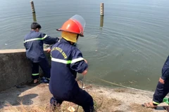 Đội Cảnh sát Phòng cháy chữa cháy và Cứu hộ cứu nạn tỉnh Bình Dương tìm kiếm các cháu bé bị đuối nước. (Ảnh: Huyền Trang/TTXVN)