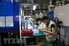 Công nhân làm việc tại Công ty Cổ phần Hanpo Vina, khu công nghiệp Yên Phong, tỉnh Bắc Ninh. (Ảnh: Thanh Thương/TTXVN) 