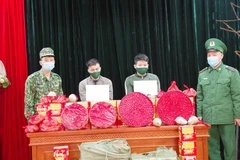 Hai đối tượng vận chuyển và số pháo trái phép bị thu giữ tại Lạng Sơn. (Ảnh: TTXVN phát)