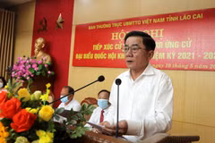 Ủy viên Bộ Chính trị, Chủ nhiệm Ủy ban Kiểm tra Trung ương Trần Cẩm Tú trình bày chương trình hành động tại buổi tiếp xúc cử tri. (Ảnh: Quốc Khánh/TTXVN)