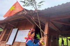 Người Hà Nhì ở bản làng Tả Cố Khừ (một trong 7 bản của xã Sín Thầu, huyện Mường Nhé, tỉnh Điện Biên) dọn dẹp nhà cửa, cảnh quan sân ngõ sạch sẽ để chuẩn bị cho Tết Mùa mưa. (Ảnh: TTXVN phát) 