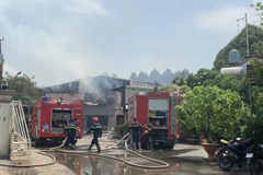 Hiện trường vụ cháy tại Công ty Cổ phần gỗ Tâm Thuận Phát tại đường Bình Chuẩn 26, khu phố Bình Phú, phường Bình Chuẩn, thành phố Thuận An (Bình Dương) ngày 4/5. (Ảnh: TTXVN phát)