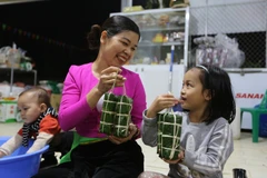 Chiếc bánh đẹp được gói tròn đều cả hai đầu, dài chừng 30 cm, quấn chặt tay. (Ảnh: Trọng Đạt/TTXVN)