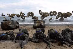 Binh sỹ Hàn Quốc và Mỹ tham gia cuộc tập trận đổ bộ chung tại Pohang, Hàn Quốc. (Nguồn: AFP/ TTXVN)