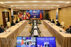 Hội nghị Cấp cao ASEAN-Trung Quốc lần thứ 23 tại điểm cầu Hà Nội. (Ảnh: Thống Nhất/TTXVN) 