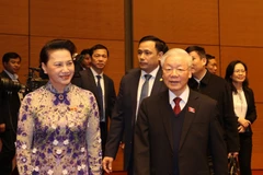 Tổng Bí thư, Chủ tịch nước Nguyễn Phú Trọng và Chủ tịch Quốc hội Nguyễn Thị Kim Ngân dự khai mạc Kỳ họp thứ 11, Quốc hội khóa XIV. (Ảnh: Trí Dũng/TTXVN)
