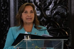 Tổng thống Peru Dina Boluarte phát biểu tại Lima ngày 26/10/2023. (Ảnh: AFP/TTXVN)