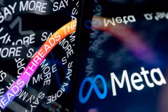Biểu tượng công ty Meta và trang mở đầu của mạng xã hội Threads. (Ảnh: AFP/TTXVN)