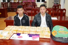 Đối tượng Thào A Già (bên trái) và Liều A Súa (bên phải) cùng tang vật vụ án. (Ảnh: TTXVN phát)