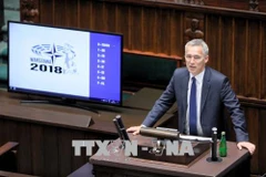 Tổng thư ký NATO Jens Stoltenberg phát biểu tại cuộc họp Hội đồng nghị viện NATO ở Vacsava, Ba Lan ngày 28/5. Ảnh: PAP/TTXVN