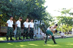 Một đòn thế võ thuật quật ngã đối thủ được các chiến sĩ luyện tập thuần thục. (Ảnh: Hoàng Hùng/TTXVN)