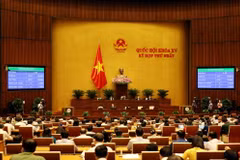 Đại biểu Quốc hội biểu quyết thông qua Nghị quyết về cơ cấu số lượng thành viên Chính phủ. (Ảnh: Phạm Kiên/TTXVN)