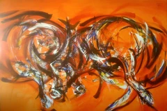 Tranh 'Nhịp điệu' do họa sỹ Hùng sáng tác. (Ảnh: Văn Dũng/TTXVN)