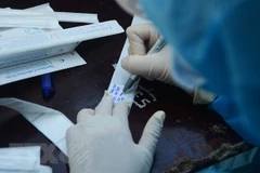 Nhân viên y tế ghi thông tin người dân vào mẫu xét nghiệm. (Ảnh: Văn Dũng/TTXVN)