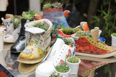 Những đôi giày được thu gom và tái chế thành các chậu cây xanh thân thiện với môi trường. (Ảnh: Bích Hà/Vietnam+)