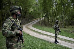 Binh sỹ gác tại trang trại ở Buga, Colombia, sau khi xảy ra vụ thảm sát ngày 24/1/2021. (Ảnh: AFP/TTXVN)