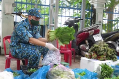 Cán bộ học viên Trường Sỹ quan thông tin phân loại rau xanh thành các đơn hàng cung ứng cho người dân xã Vĩnh Thọ, thành phố nơi Nha Trang. (Ảnh: Phan Sáu/TTXVN)