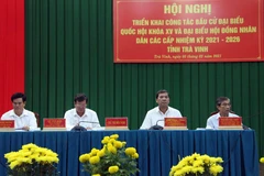 Quang cảnh một hội nghị triển khai công tác bầu cử đại biểu Quốc hội khóa XV và đại biểu Hội đồng Nhân dân các cấp nhiệm kỳ 2021-2026 tại Trà Vinh. (Nguồn: TTXVN)