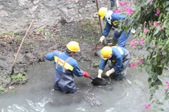 Công ty trách nhiệm hữu hạn một thành viên Thoát nước Hà Nội thực hiện nhiệm vụ chuyên môn trong những ngày nhiệt độ xuống thấp. (Ảnh: TTXVN phát)