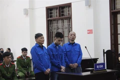 Bị cáo Phan Doãn Hùng (ngoài cùng bên trái) - chủ mưu vụ án tại phiên tòa phúc thẩm. (Ảnh: Vũ Hà/TTXVN)