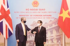 Bộ trưởng Bộ Ngoại giao Bùi Thanh Sơn đón Bộ trưởng Ngoại giao và Phát triển Vương quốc Anh Dominic Raab. (Ảnh: Lâm Khánh/TTXVN)