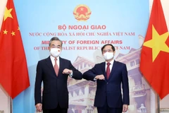 Bộ trưởng Ngoại giao Bùi Thanh Sơn và Bộ trưởng Ngoại giao Trung Quốc Vương Nghị tại lễ đón. (Ảnh: Lâm Khánh/TTXVN)