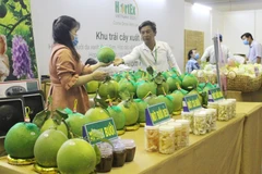 Gian hàng bưởi da xanh Bến Tre tại một triển lãm. (Ảnh: Xuân Anh/TTXVN)