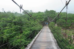 Cây cầu treo vắt mình qua khe núi cheo leo dẫn vào thôn Cầu Gãy. (Ảnh: Minh Hưng/TTXVN)