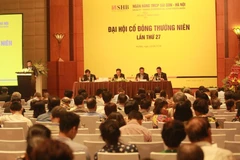 Ông Nguyễn Văn Lê – Tổng Giám đốc SHB báo cáo trước Đại hội. (Ảnh: CTV)