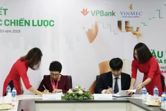 Lãnh đạo hai bên tham gia ký kết. (Ảnh: CTV/Vietnam+)