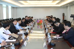 Quang cảnh buổi làm việc của Đoàn với Quốc vụ khanh Bộ Giao thông Công chính, Cục trưởng Cục hàng không dân dụng Campuchia Mao Havannall. (Ảnh: Danh Chanh Đa/Campuchia )