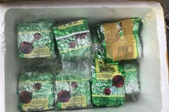 Toàn bộ 20 gói nylon được lực lượng chức năng liên quan tiến hành kiểm đếm, niêm phong. (Ảnh: TTXVN phát)