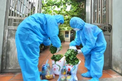 Mọi lương thực, thực phẩm hỗ trợ đều được đội vận chuyển đưa đến từng hộ dân trong khu vực phong tỏa. (Ảnh: Hoàng Hiếu/TTXVN)