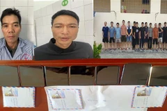 Các đối tượng đánh bạc cùng tang vật vụ án. (Ảnh: TTXVN phát)