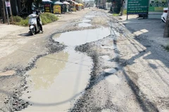 Những ổ voi, ổ gà trên tuyến đường Nguyễn Thái Học, phường Trảng Dài, thành phố Biên Hòa, tỉnh Đồng Nai. (Ảnh: TTXVN phát)