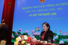 Bà Giàng Páo Mỷ, Bí thư Tỉnh ủy, Trưởng đoàn đại biểu Quốc hội, Chủ tịch HĐND tỉnh khóa XIV, nhiệm kỳ 2016-2021 phát biểu. (Ảnh: Quý Trung/TTXVN)