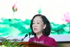 Đồng chí Trương Thị Mai, Ủy viên Bộ Chính trị, Bí thư Trung ương Đảng, Trưởng Ban Dân vận Trung ương phát biểu tại Lễ kỷ niệm. (Ảnh: Phương Hoa/TTXVN)