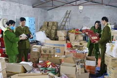 Đoàn kiểm tra liên ngành kiểm tra kho hàng hóa nghi nhập lậu. (Ảnh: Trần Trang/TTXVN)
