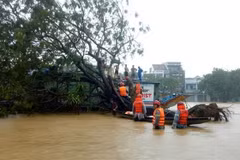 Lực lượng chức năng giải cứu người dân bị mắc kẹt. (Ảnh: TTXVN phát)