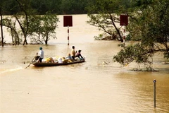 Các đoàn cứu trợ tập trung đưa những mặt hàng thiết yếu đến vùng bị nước lũ cô lập ở các xã của huyện Quảng Ninh, tỉnh Quảng Bình. (Ảnh: Văn Tý/TTXVN)