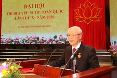 Tổng Bí thư, Chủ tịch nước Nguyễn Phú Trọng phát biểu.chào mừng Đại hội Thi đua yêu nước toàn quốc lần thứ X. (Ảnh: Trí Dũng/TTXVN)