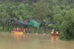 Các lực lượng chức năng trong khu vực tổ chức tìm kiếm, cứu nạn 2 học sinh. (Ảnh: Vũ Hà/TTXVN)