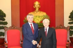 Tổng Bí thư, Chủ tịch nước Nguyễn Phú Trọng tiếp Chủ tịch Duma Quốc gia Nga Vyacheslav Viktorovich Volodin. (Ảnh: Trí Dũng/TTXVN)