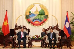 Thủ tướng Lào Thongsing Thammavong tiếp thân mật Bộ trưởng Bùi Quang Vinh. (Ảnh: Phạm Kiên/Vietnam+)