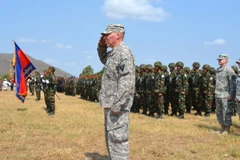 Binh sỹ Mỹ và Campuchia tham gia cuộc tập trận Người gác đền Angkor. (Nguồn: nationalguard.mil)